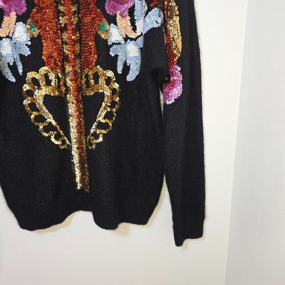 Vtg Artsy Embellished Sweater Women's Large Silk Angora Knit Black Floral Sequin - Picture 3 of 6